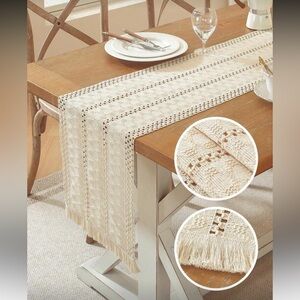 Boho Crochet Style Table Runner | Beige Neutral Farmhouse Decor